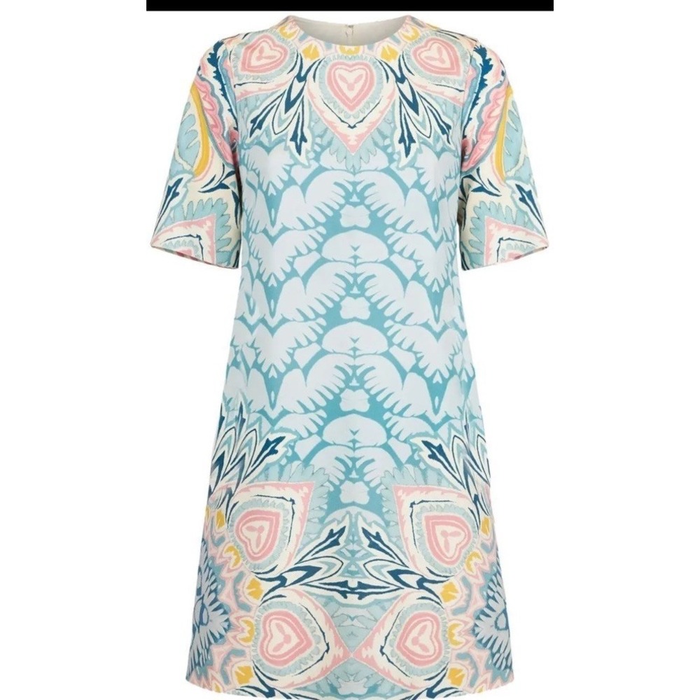 Etro Mini Shift Dress Size 42 US 6 Blue Pink Paisley Italy Short Sleeve